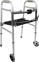 Compass Health ProBasics Two-Button Folding Walker with Wheels and Roll-Up Seat, 2/CS