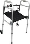 Compass Health ProBasics Two-Button Folding Walker with Wheels and Roll-Up Seat, 2/CS