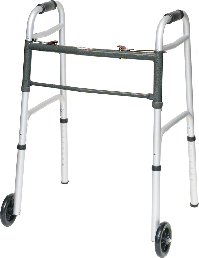 Compass Health ProBasics Aluminum Two-Button Release Folding Walker With Wheels, 4/CS