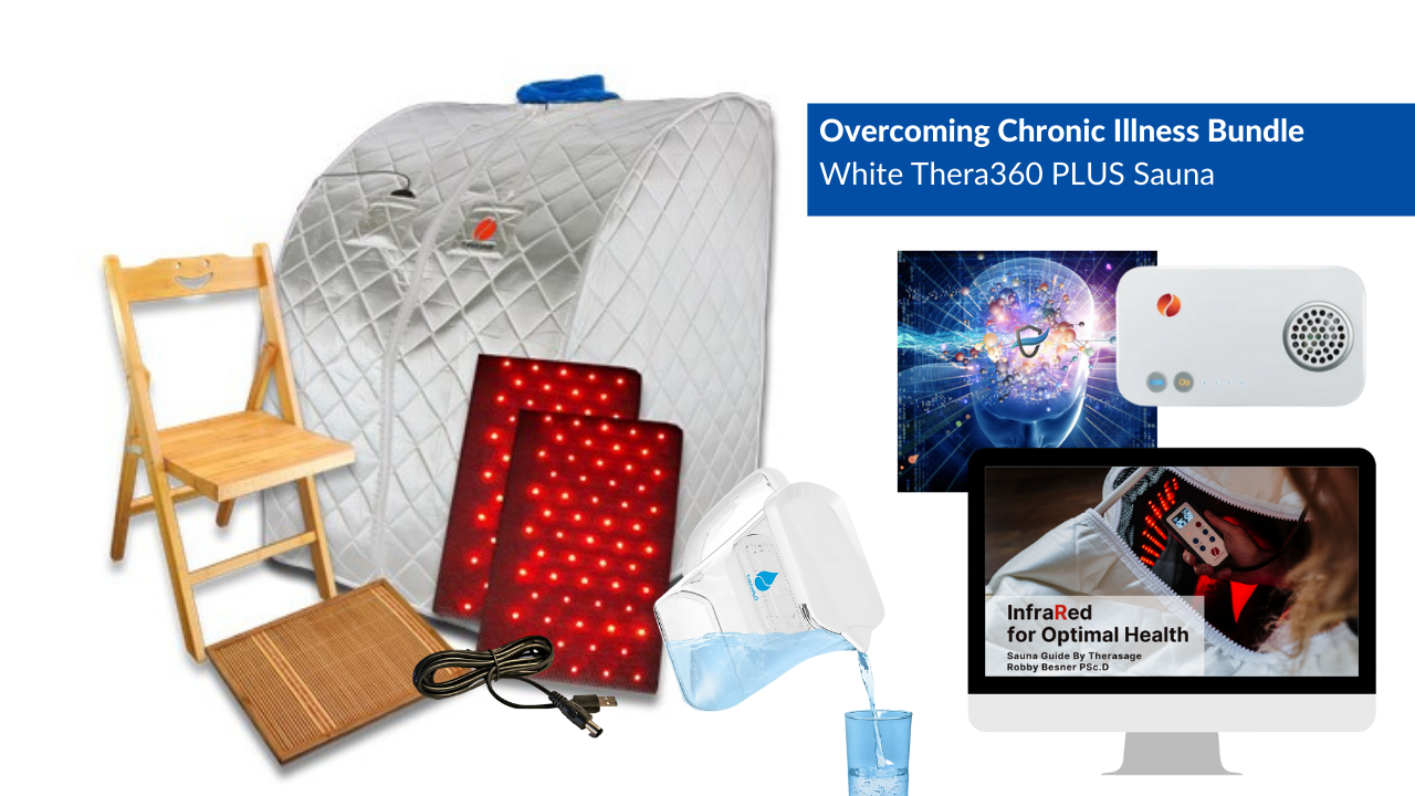 Therasage Overcoming Chronic Illness Bundle; Thera360 PLUS White Personal Infrared Sauna, TheraO3 Ozone Module, TheraH2O Cellular Hydrating Water Pitcher & TheraProtect Cell Phone EMF Remediation & Infrared for Optimal Health eBook