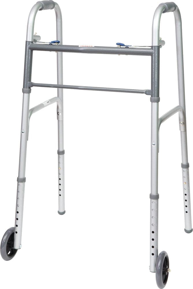Compass Health Walkers Compass Health ProBasics Economy Two-Button Folding Steel Walker with 5" Wheels, (Adult)