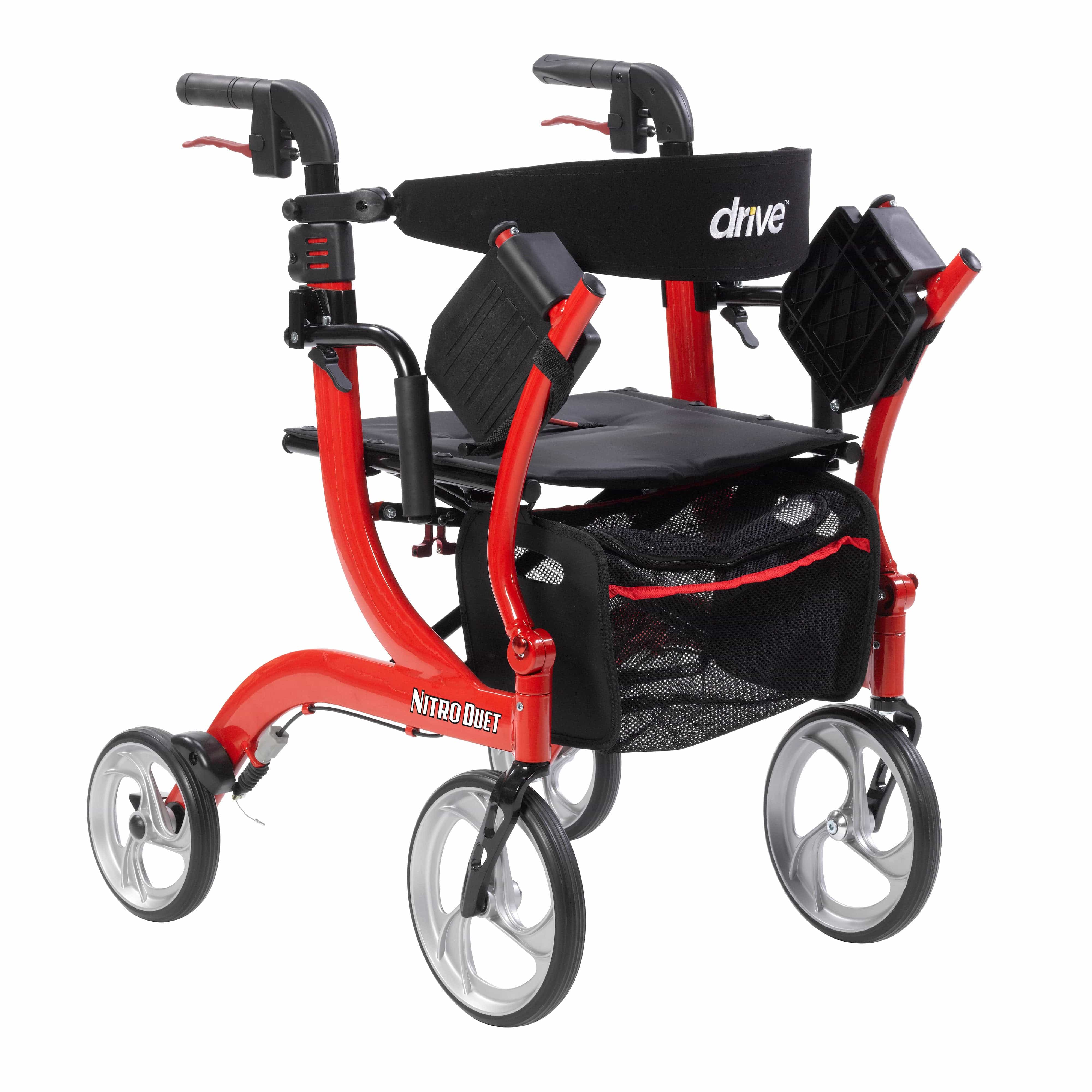 Drive Medical Rollators Drive Medical Nitro Duet Dual Function Transport Wheelchair and Rollator Rolling Walker, Red