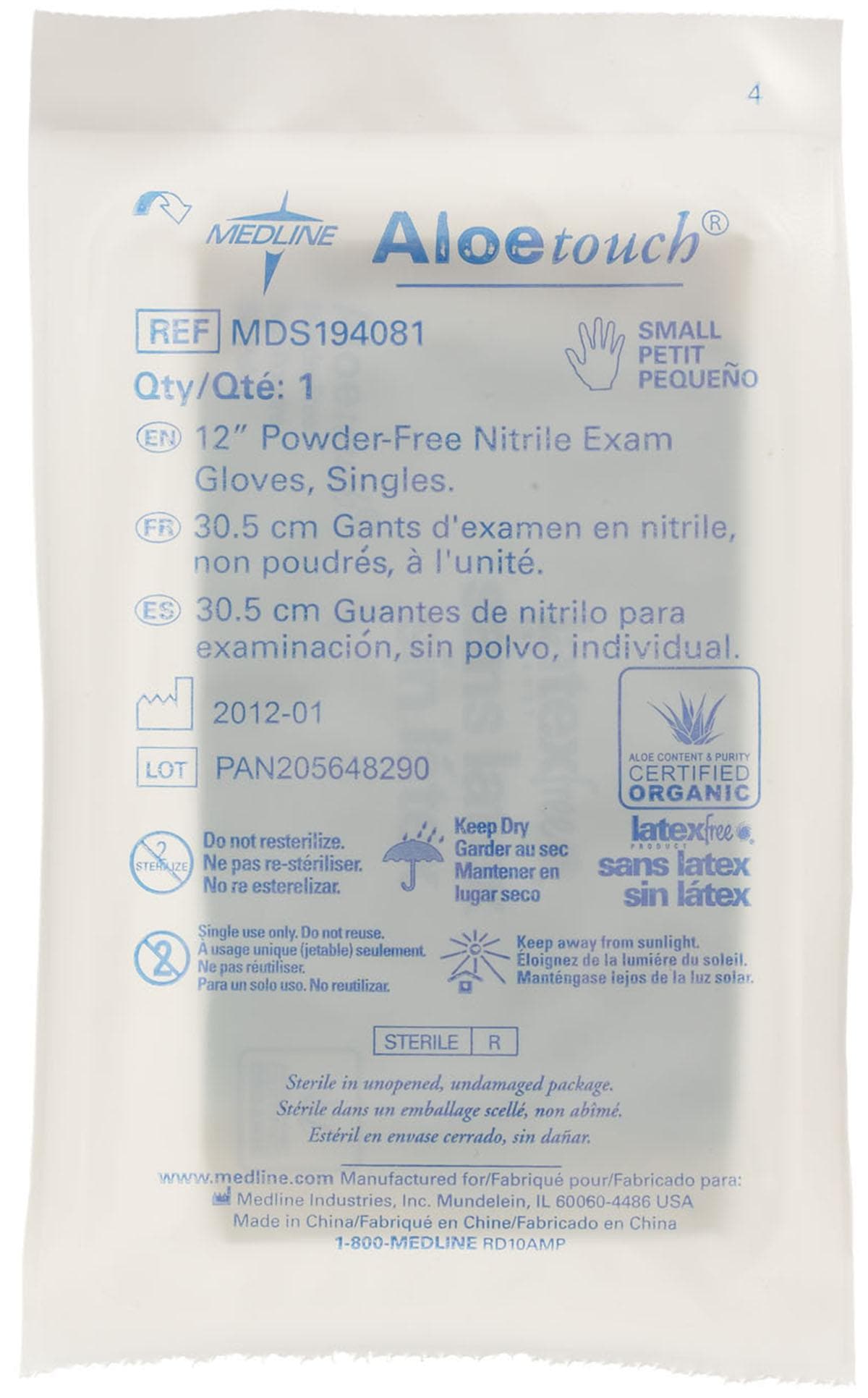 Medline S / Case of 400 Medline AloeTouch Sterile 12" Powder-Free Nitrile Exam Gloves