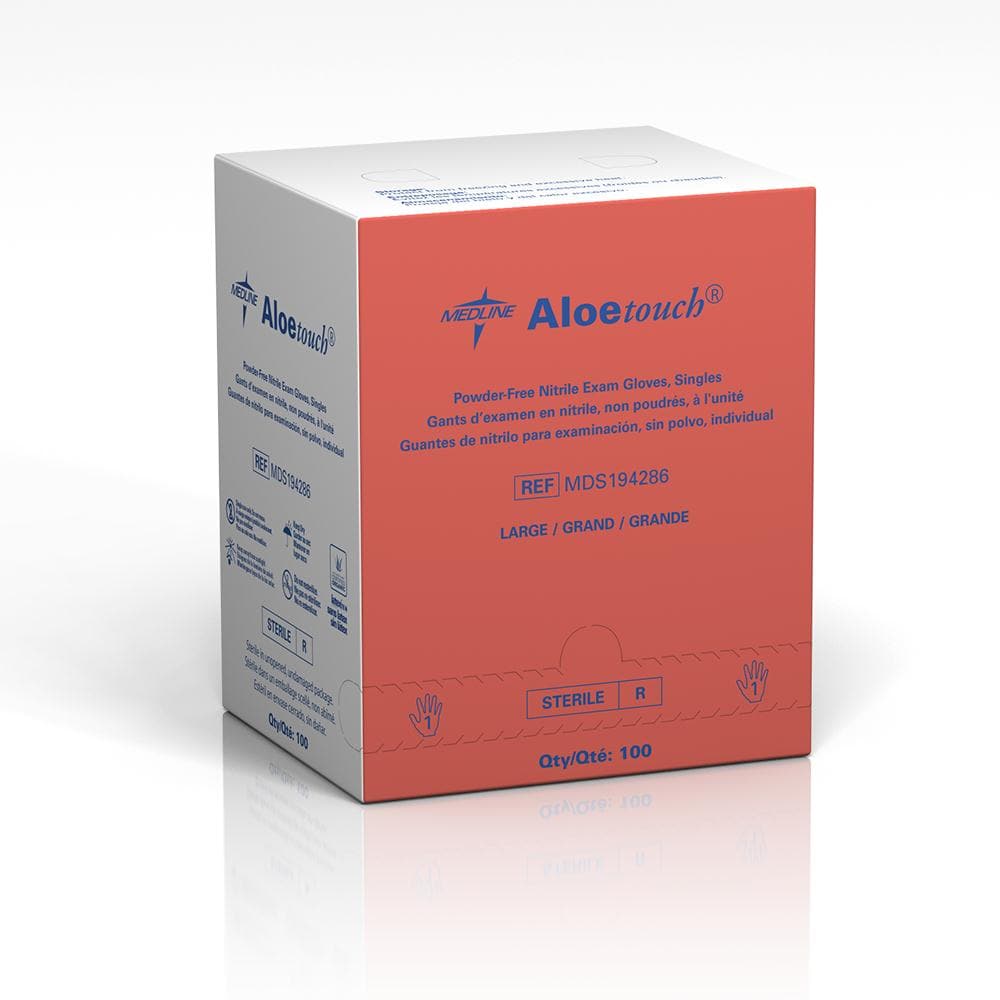 Medline LG / Box of 100 Medline AloeTouch Sterile 9" Powder-Free Nitrile Exam Glove Singles