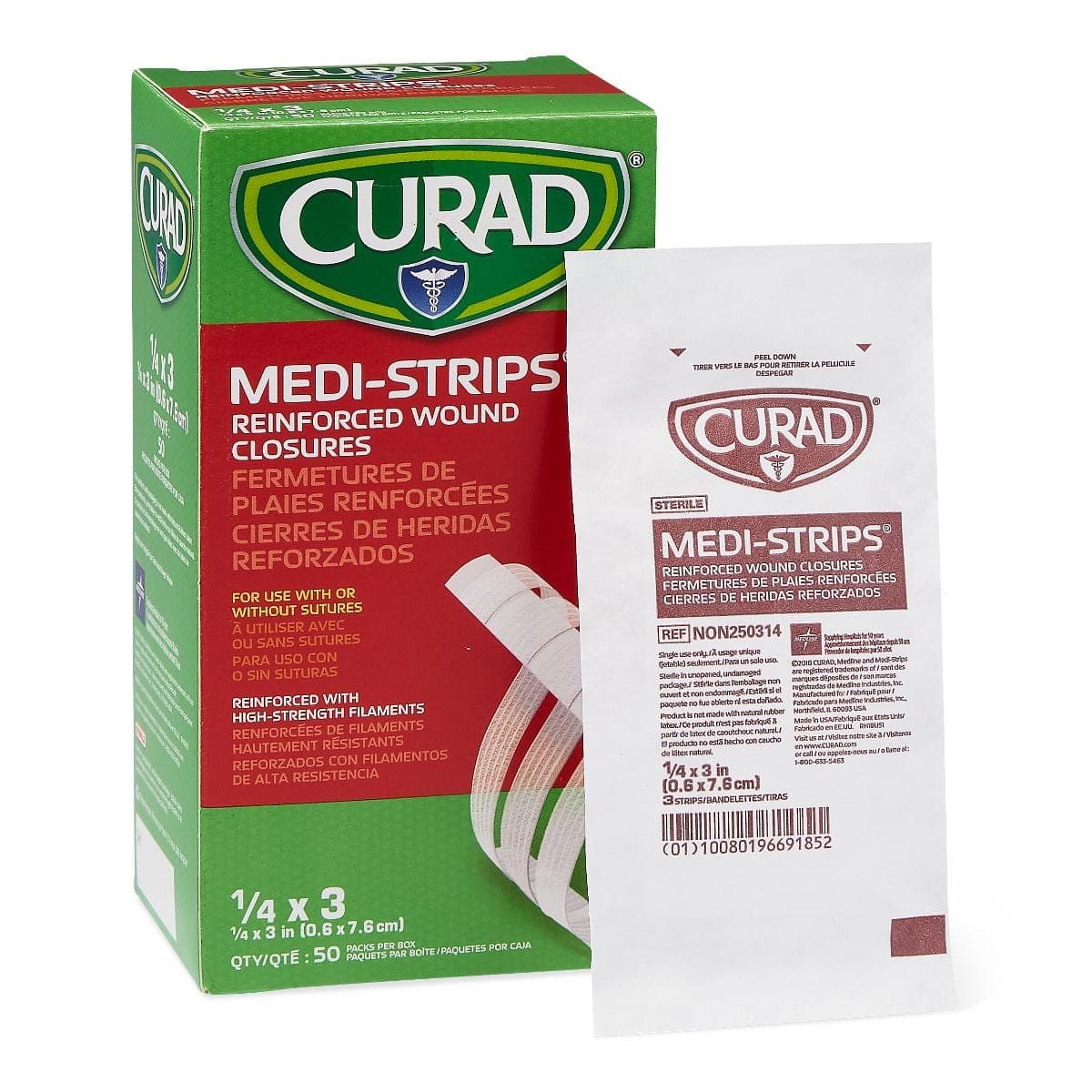 Medline 1/4"x3" / Box of 150 Medline CURAD Medi-Strip Reinforced Wound Closures