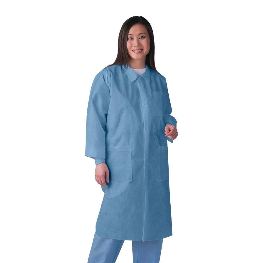 Medline Blue / L / Case of 30 Medline Knit-Cuff Multilayer SMS Lab Coats with Traditional Collar