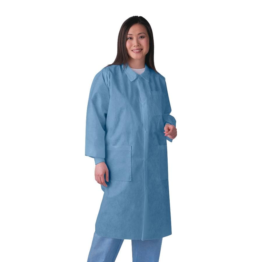 Medline Blue / M / Case of 30 Medline Knit-Cuff Multilayer SMS Lab Coats with Traditional Collar