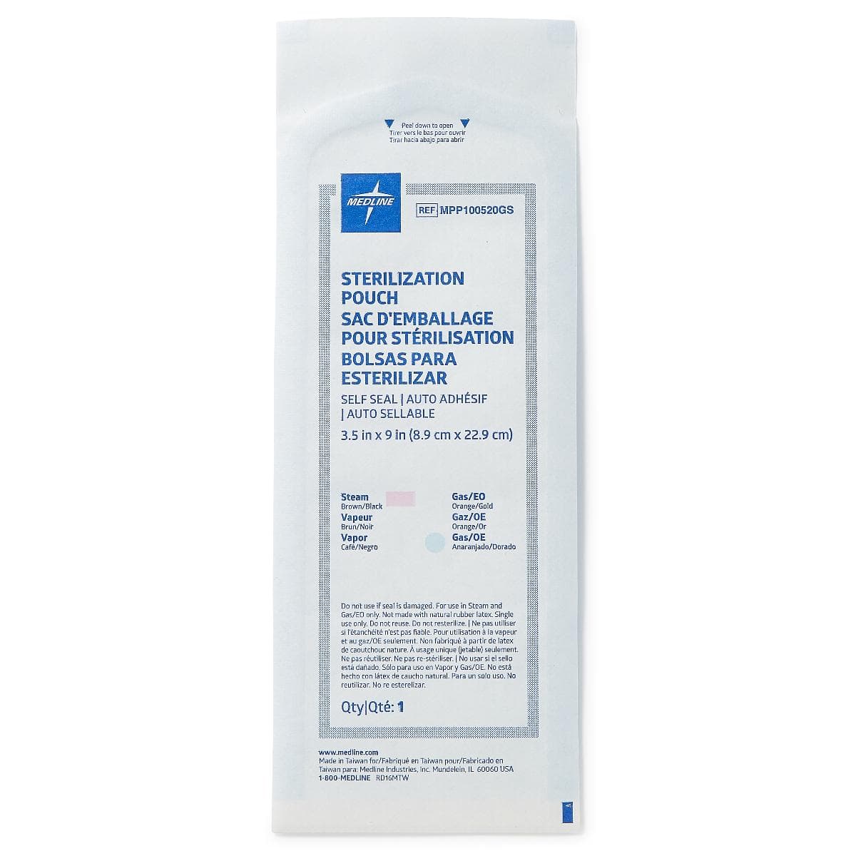 Medline Box of 200 / 3.5"X9" Medline Self-Seal Sterilization Pouches for Steam and Gas Only