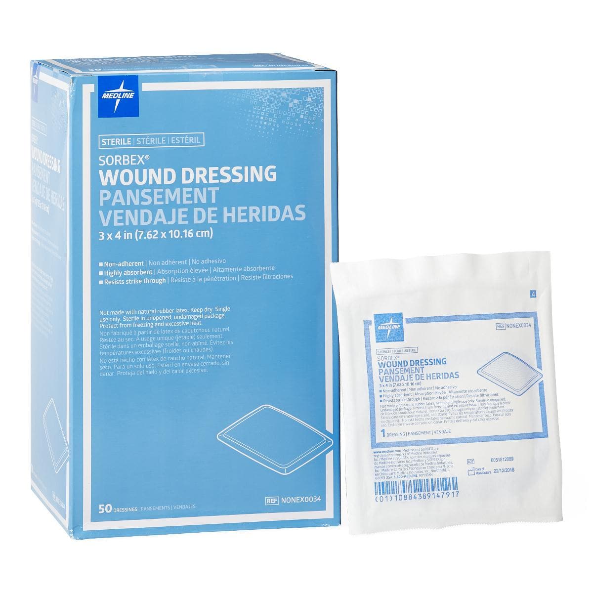 Medline Case of 100 / 3"X4" Medline Sorbex Sterile Absorbent Dressings