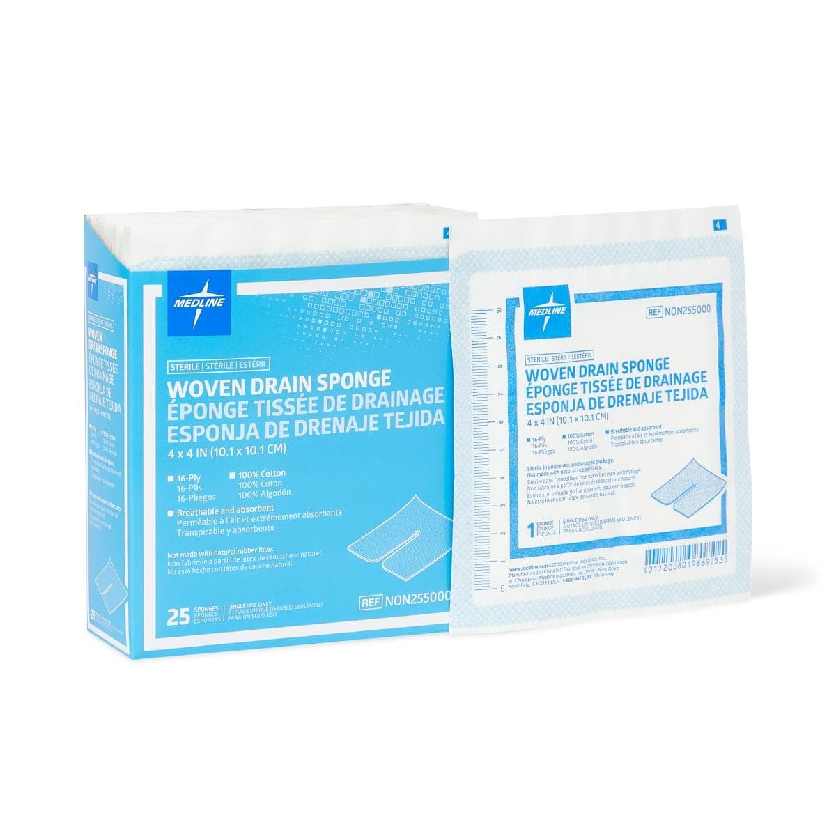 Medline 4"X4" / Case of 300 Medline Sterile 100% Cotton Drain Sponge