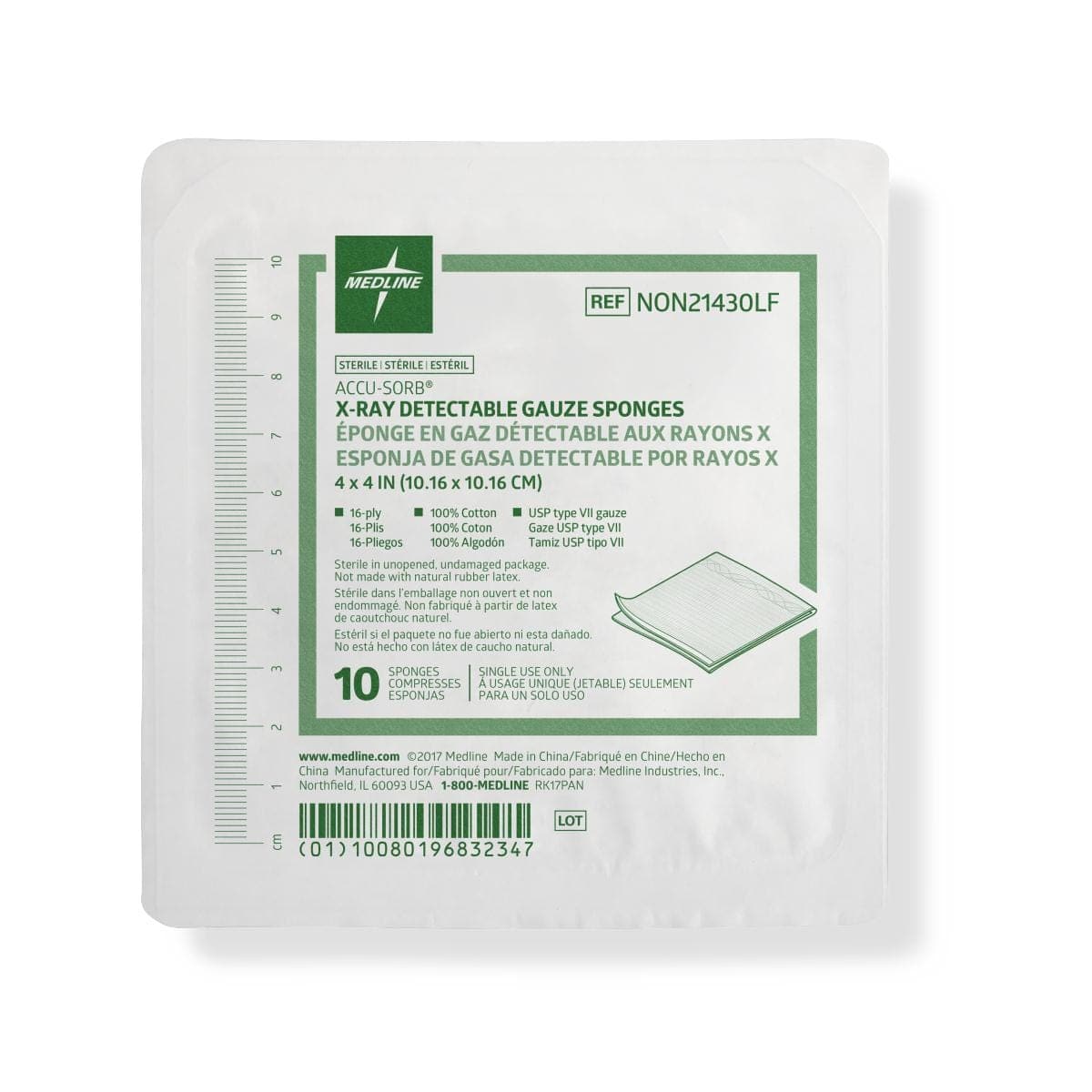 Medline 4"X4" / Case of 1280 Medline Sterile 100% Cotton X-ray Detectable Gauze Sponges