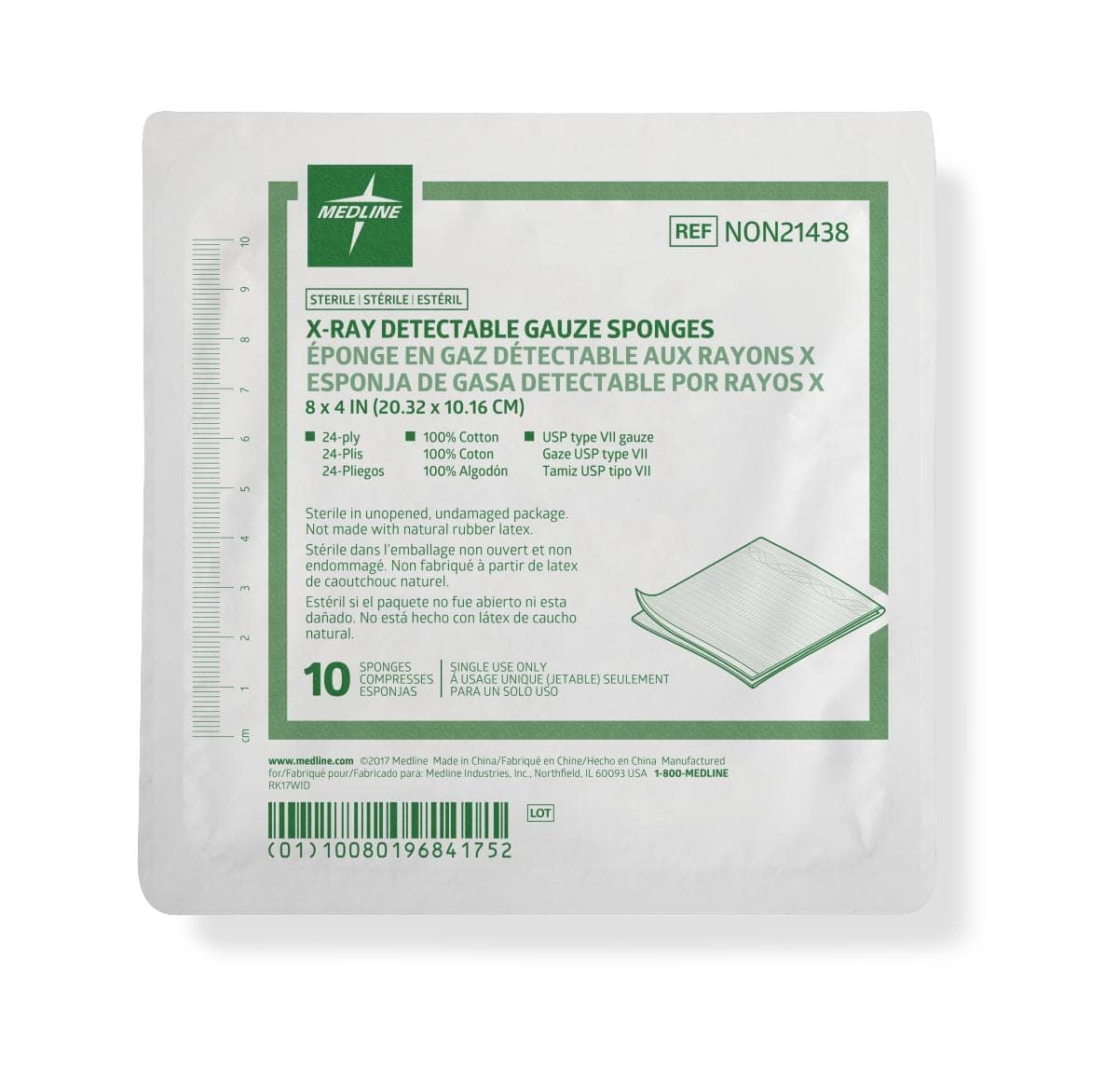 Medline 8"X4" / Case of 20 Packs Medline Sterile 100% Cotton X-ray Detectable Gauze Sponges