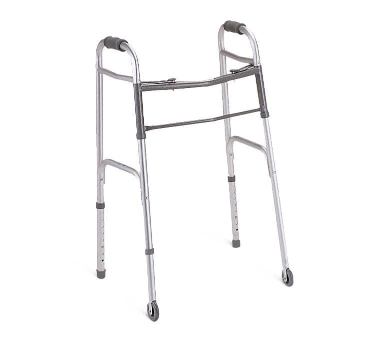 Medline 32-38 / Case of 4 Medline Two-Button Folding Walkers with 3" Wheels