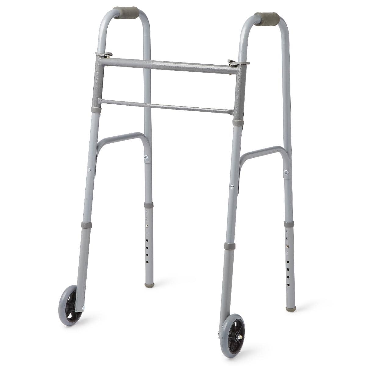 Medline 32.5-39.5 / Case of 4 Medline Two-Button Folding Walkers with 5" Wheels