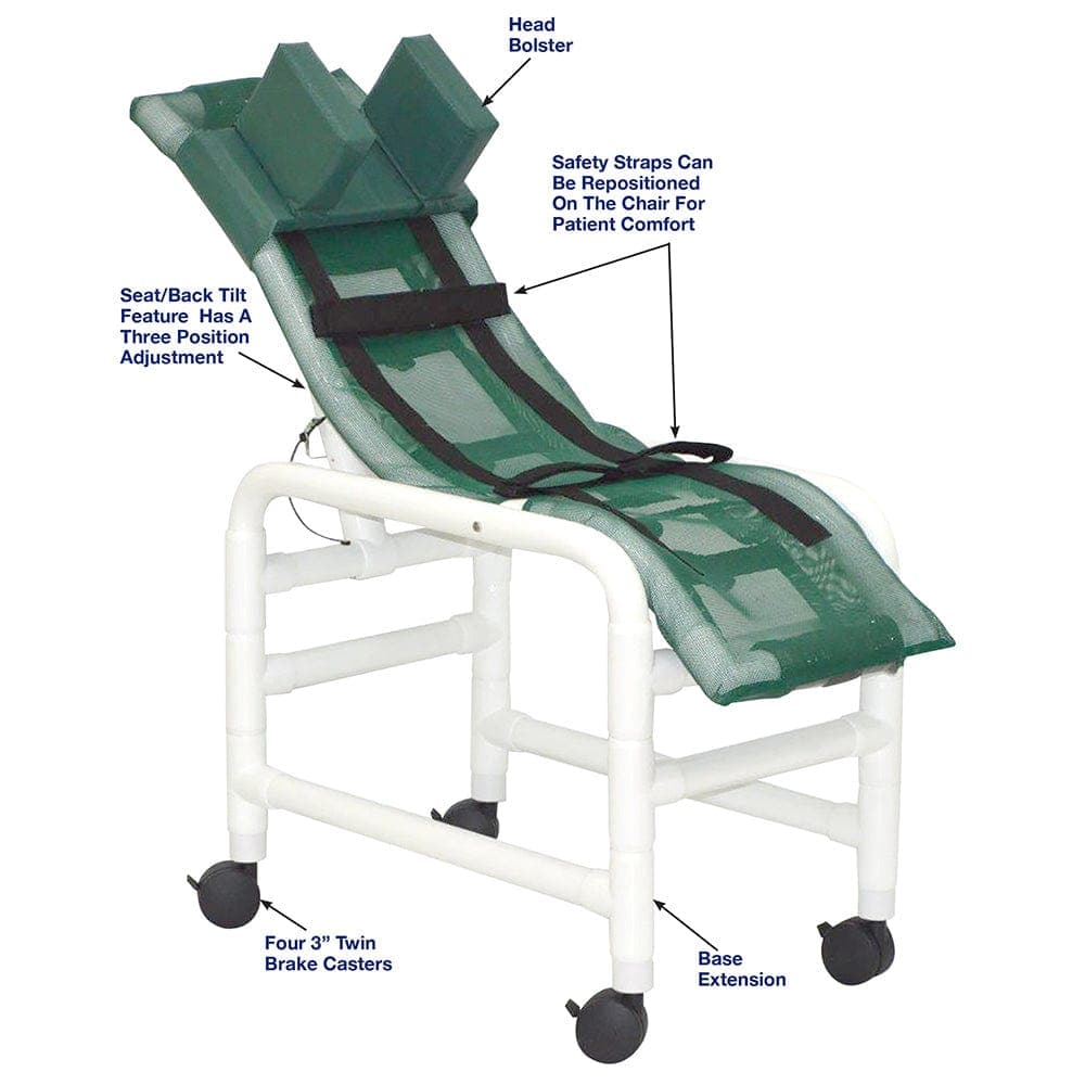 MJM International Pediatric-Reclining Chairs MJM International Medium Reclining Shower Chair With Base Extension, Casters And Head Bolster