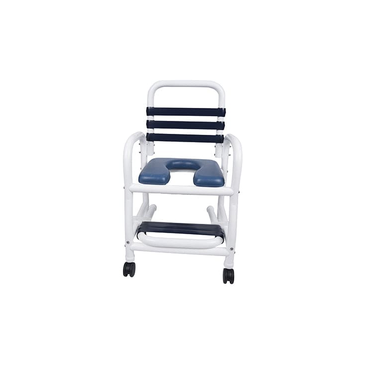 Mor-Medical Infection Control New Era PVC Items Mor-Medical Deluxe New Era Patented Infection Control Shower Chair, 18" Internal Width, Open Front Removable Soft Seat, NO commode pail, with soft touch slide out footrest, 3" Twin All Locking Casters, 310 lbs wt capacity