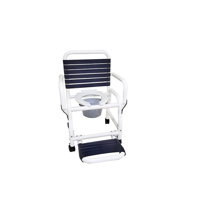 Mor-Medical Infection Control New Era PVC Items Mor-Medical Deluxe New Era Patented Infection Control Shower Commode Chair, 18" Internal Width, Open Front Removable Hard Seat, Soft Touch Folding Footrest, Double Drop Arms and Commode Pail, 3" Twin All Locking Casters, 310 lbs wt capacity