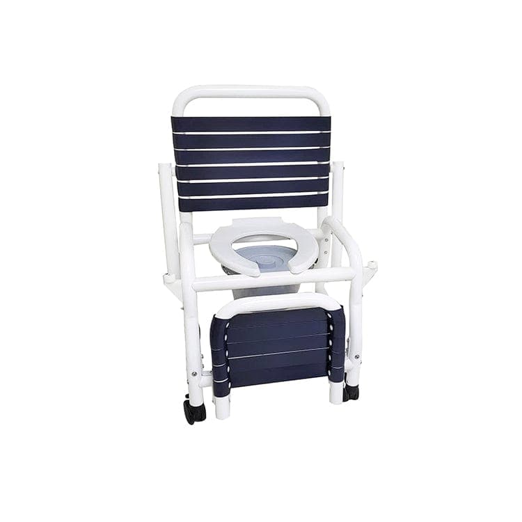 Mor-Medical Infection Control New Era PVC Items Mor-Medical Deluxe New Era Patented Infection Control Shower Commode Chair, 18" Internal Width, Open Front Removable Hard Seat, Soft Touch Folding Footrest, Double Drop Arms and Commode Pail, 3" Twin All Locking Casters, 310 lbs wt capacity