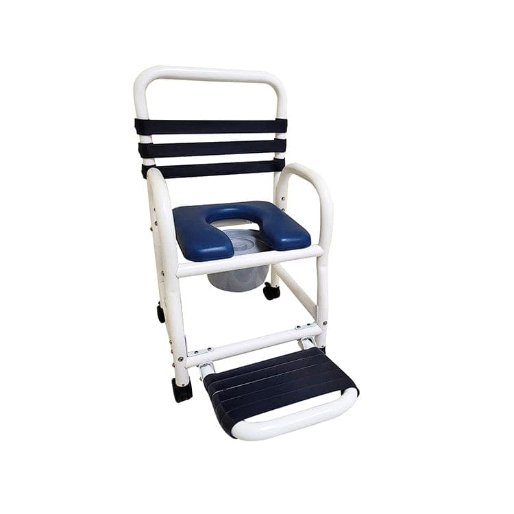 Mor-Medical Infection Control New Era PVC Items Mor-Medical Deluxe New Era Patented Infection Control Shower Commode Chair, 18" Internal Width, Open Front Removable Soft Seat, Commode Pail and Soft Touch Folding Footrest, 3" Twin All Locking Casters, 310 lbs wt capacity