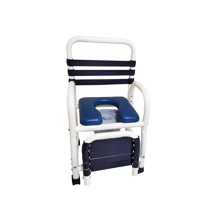 Mor-Medical Infection Control New Era PVC Items Mor-Medical Deluxe New Era Patented Infection Control Shower Commode Chair, 18" Internal Width, Open Front Removable Soft Seat, Commode Pail and Soft Touch Folding Footrest, 3" Twin All Locking Casters, 310 lbs wt capacity