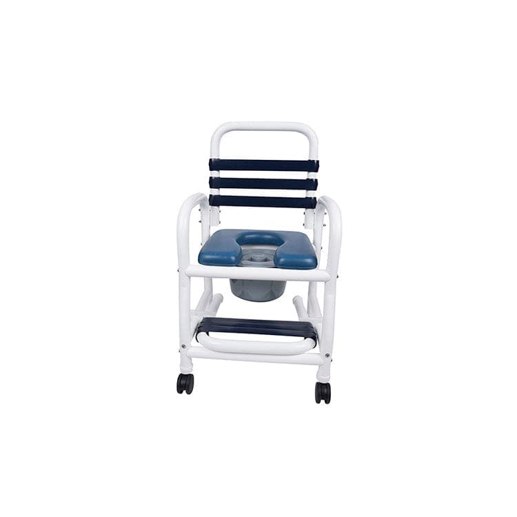 Mor-Medical Infection Control New Era PVC Items Mor-Medical Deluxe New Era Patented Infection Control Shower Commode Chair, 18" Internal Width, Open Front Removable Soft Seat, Commode Pail and soft touch slide out footrest, 3" Twin All Locking Casters, 310 lbs wt capacity