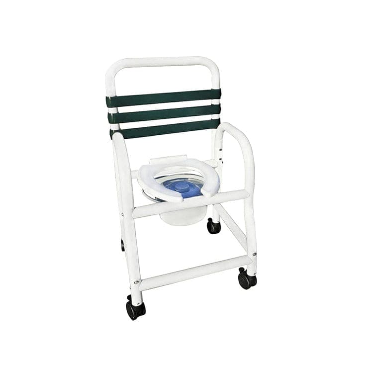 Mor-Medical Infection Control New Era PVC Items Mor-Medical Deluxe New Era Patented Infection Control Shower Commode Chair, Forest Green Soft Touch Back, 18" Internal Width, Deluxe Elongated Open Front Seat, Soft Toudh Folding Footrest, Commode Pail, 3" Twin All Locking Casters, 310 lbs wt capacity